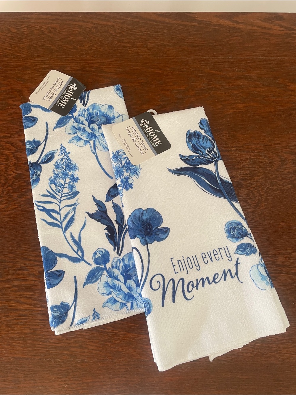 Blue Floral Kitchen Towels - "Enjoy Every Moment" new